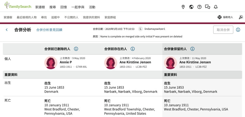 在 FamilySearch.org 的合併分析畫面的螢幕擷取畫面。