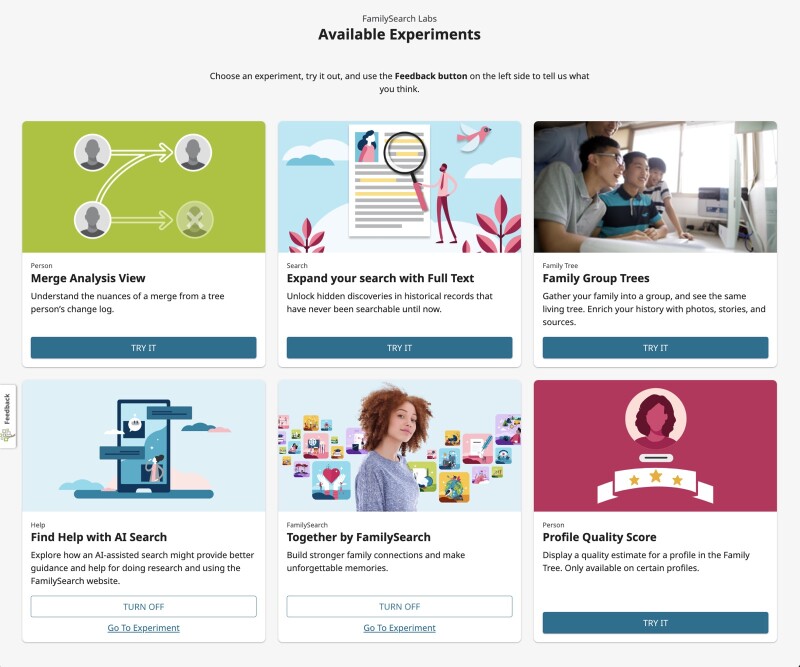 Fem bilder med beskrivelser av Eksperimenter i FamilySearch Labs