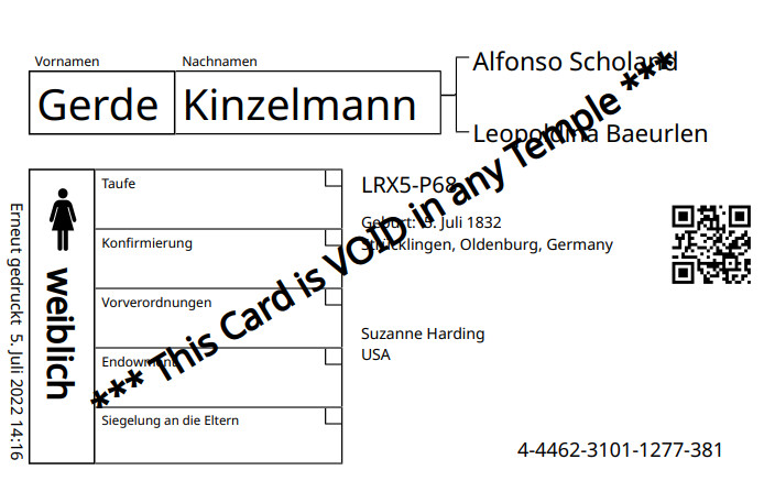 Ein Beispiel für eine neue Namenskarte der Familie, auf der ein QR-Code vorhanden ist.