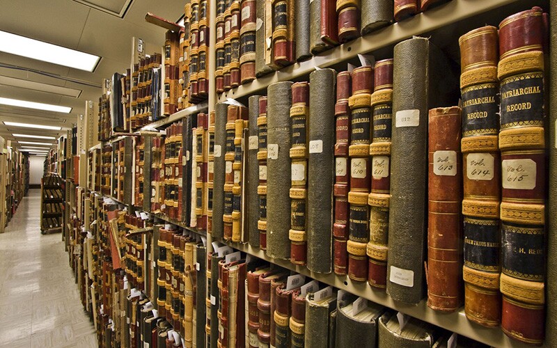 Shelves of books in the Church History Library