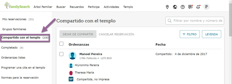 Se muestra la lista de reservaciones compartidas con el templo en FamilySearch.org.