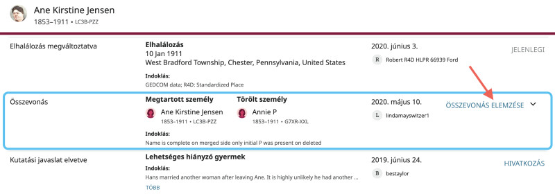 A legutóbbi változtatások listáján megjelenő összevonáselemzési gomb képernyőképe a FamilySearch.org-on