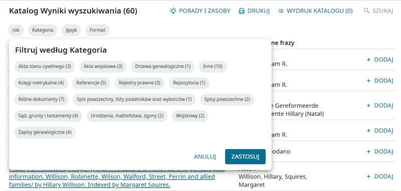 Wyniki wyszukiwania i opcje filtrowania w katalogu FamilySearch