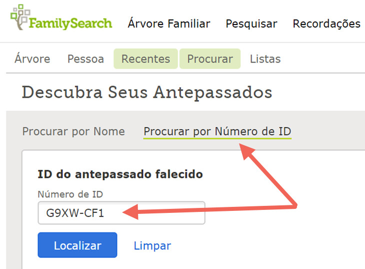 Captura de tela do recurso “Procurar por número de ID” na Árvore Familiar.