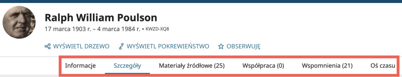 Zrzut ekranu z zakładkami nawigacji strony osoby Ralpha Williama Poulsona.
