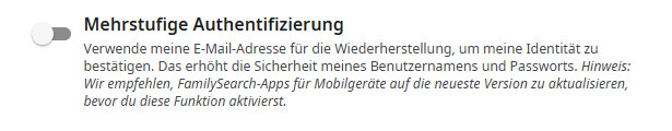 Ein Screenshot, auf dem zu sehen ist, wie man die mehrstufige Authentifizierung auf FamilySearch.org aktiviert