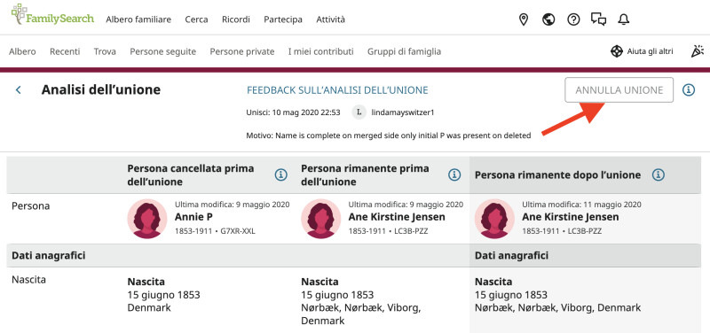 Schermata del pulsante Annulla unione nell’analisi dell’unione.