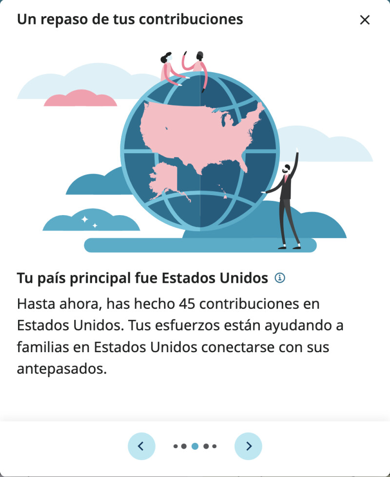 Captura de pantalla que muestra el país principal al que alguien contribuyó ayudando a mejorar los registros históricos.