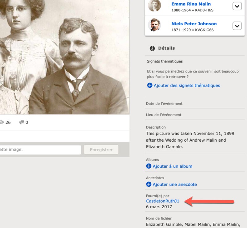 Capture d'écran des détails d'une photo ou d'une anecdote dans les Souvenirs de FamilySearch. Une flèche supplémentaire indique le nom du compte du fournisseur et la date de la contribution.