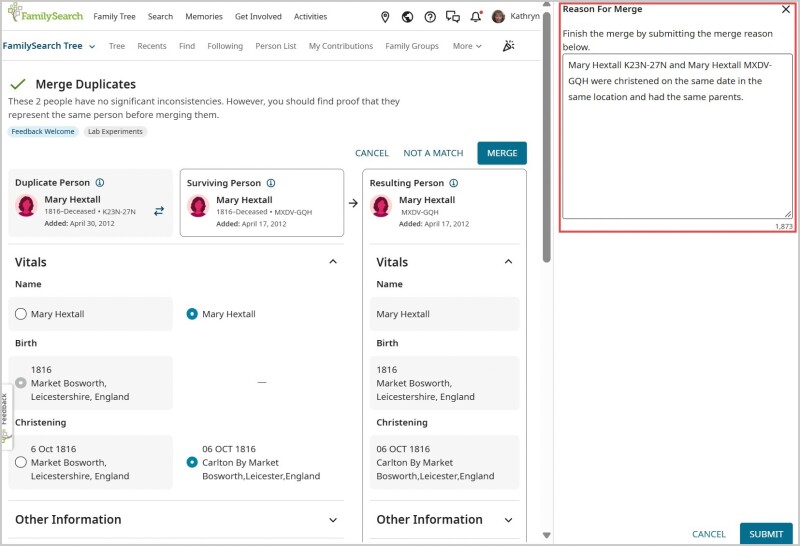 An example of filling in the Reason For Merge box in the FamilySearch Family Tree