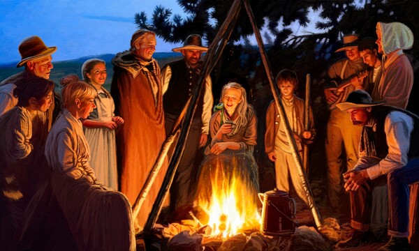 An American Pioneer Company sits around a fire