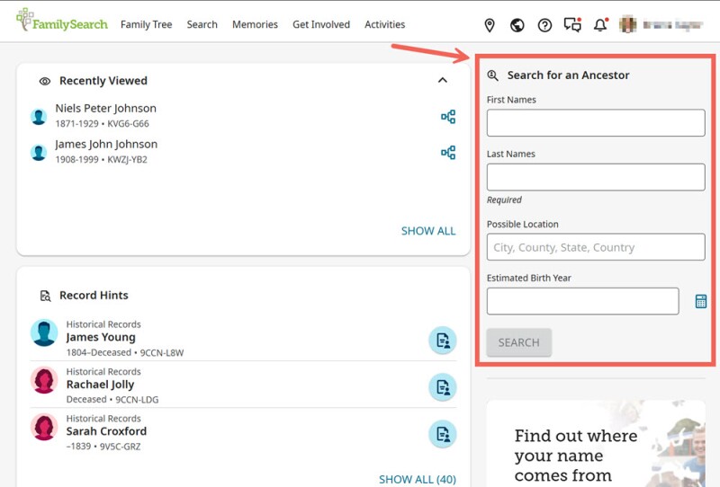 Screenshot of the "Search for an Ancestor" heading above the all-collections search form on FamilySearch.org, found in the right sidebar of the signed-in dashboard.