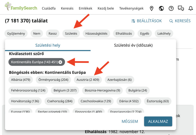 Születési ország szerinti keresési szűrőt megjelenítő képernyőkép.