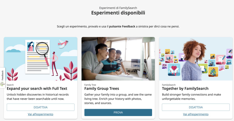 Schermata della pagina web Esperimenti di FamilySearch