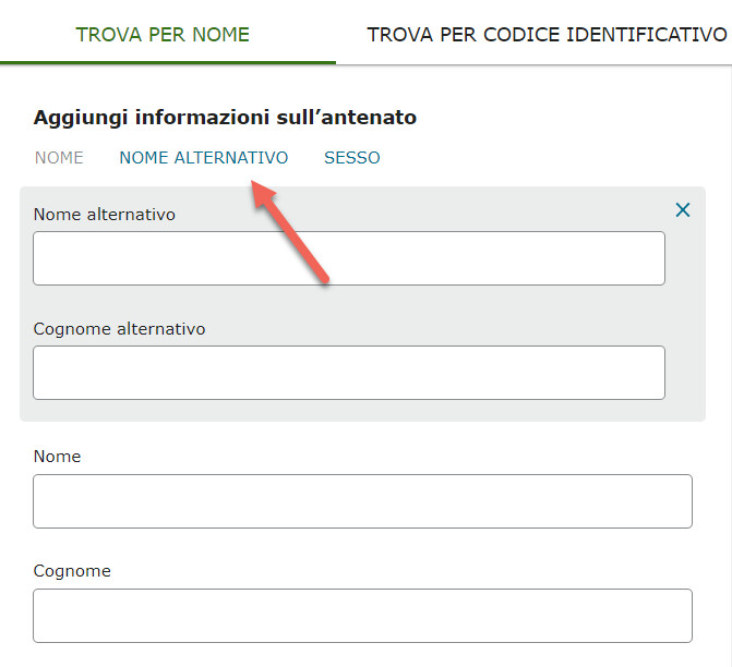 Screenshot che mostra dove inserire un nome alternativo in una ricerca Trova Albero Familiare.
