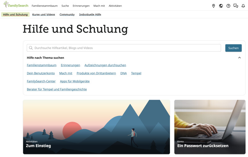 Screenshot des Bereichs „Hilfe und Schulung“ auf FamilySearch.org