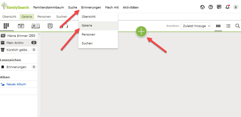 Screenshot der FamilySearch-Erinnerungsgalerie, auf dem gezeigt wird, wie man Aufnahmen und Todesanzeigen hochlädt