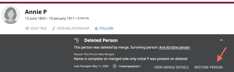 Screenshot of Restore Person Button on FamilySearch.org.