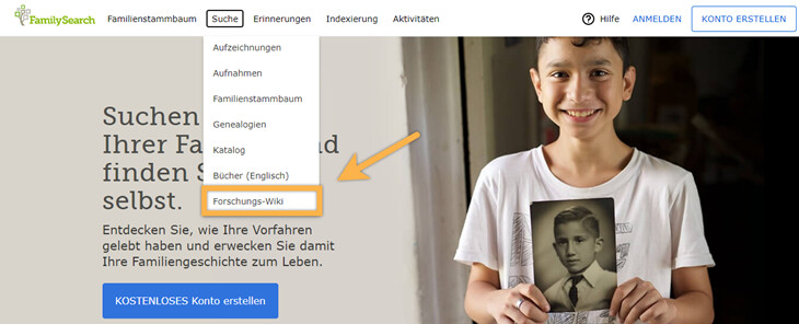Ein Screenshot, auf dem zu sehen ist, wie man das Forschungs-Wiki sucht