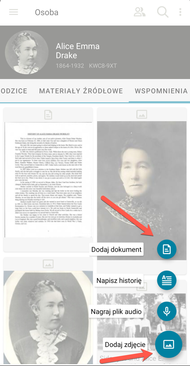 Zrzut ekranu aplikacji mobilnej FamilySearch pokazujący, jak przechowywać zdjęcia.