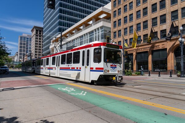 A UTA TRAX light rail train in downtown Salt Lake City, Utah