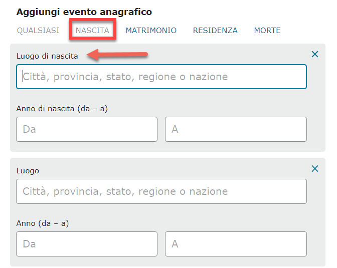 Screenshot che mostra come aggiungere informazioni relative agli eventi di vita in una casella di ricerca.