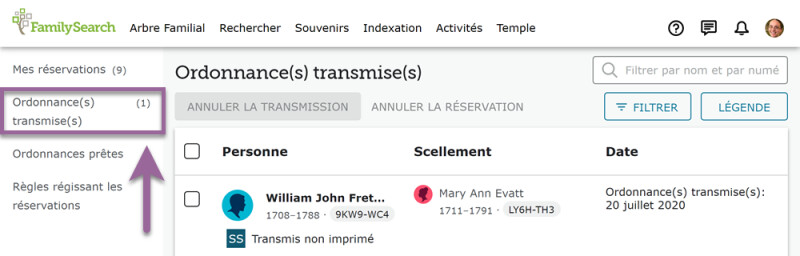 Affichage de la liste des réservations transmises au temple sur le site FamilySearch.org.