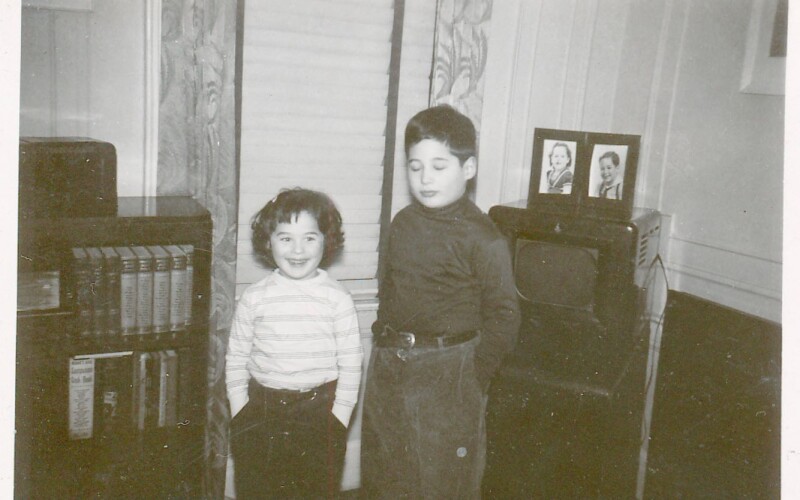 A black-and-white photo of Steve Morse and his younger sister, Barbara, as children