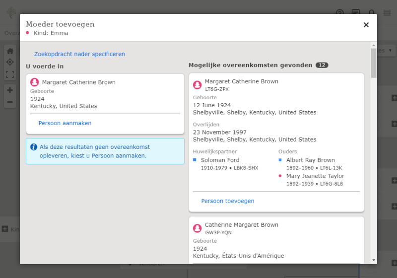 Mogelijke overeenkomsten gevonden in de FamilySearch-stamboom.
