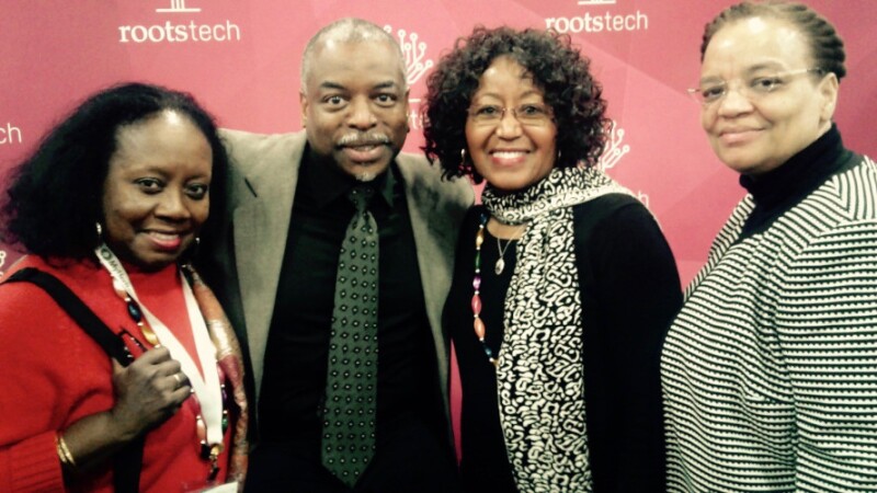 Bernice Bennett at RootsTech surrounded other presenters and friends.