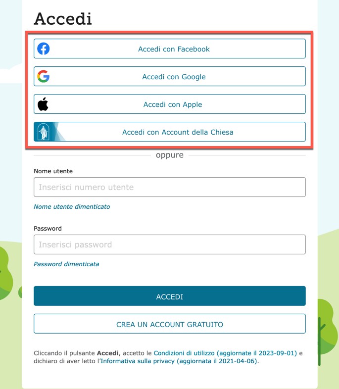 Schermata della pagina di accesso di FamilySearch.org, che mostra le opzioni per accedere usando Facebook, Google, Apple o un account della Chiesa.