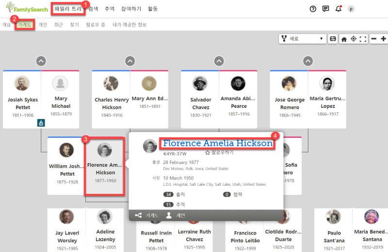 패밀리 트리 가계도 보기화면에서 사람을 찾는 방법에 대한 스크린샷