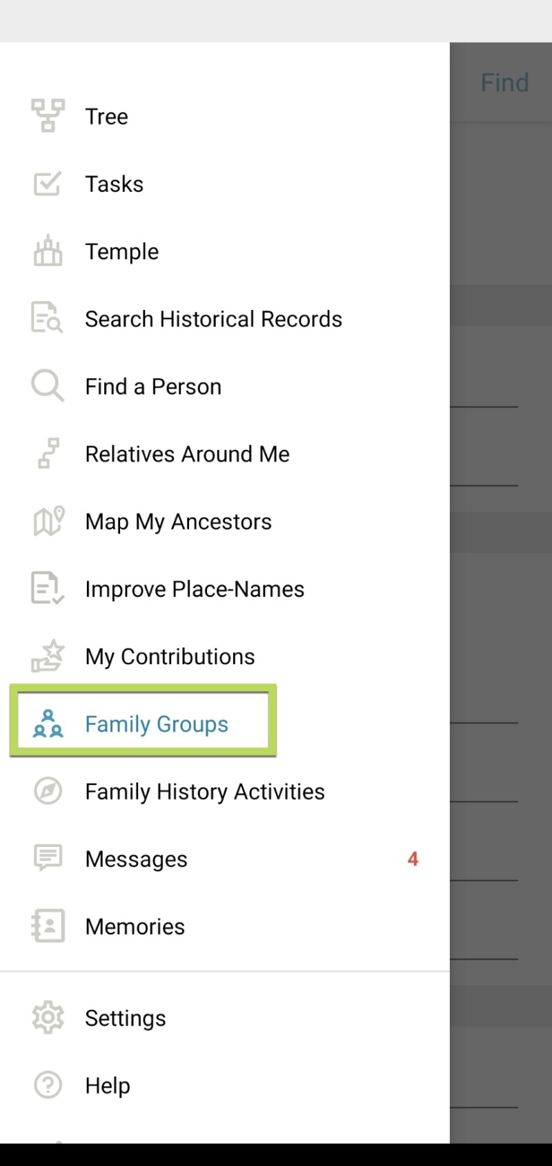 To access family groups in the Android app, click on the menu button in the top left corner.