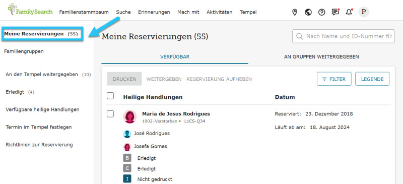 Das Register „Meine Reservierungen“ auf FamilySearch.org, wo reservierte Namen der Familie angezeigt werden