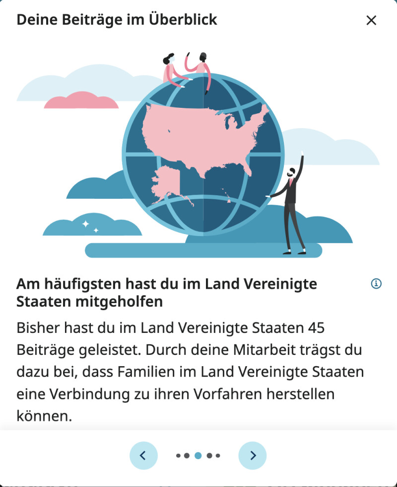 Screenshot des Landes, für das jemand am meisten beigesteuert hat, indem er geholfen hat, historische Aufzeichnungen zu verbessern