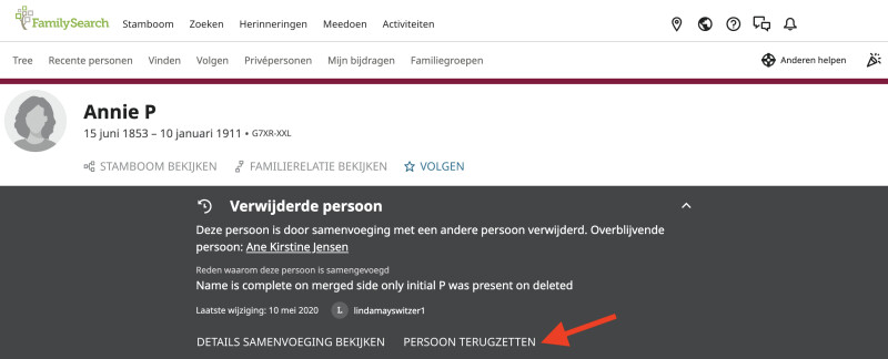 Screenshot van de knop Persoon terugzetten op FamilySearch.org.