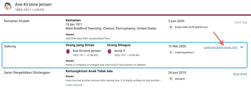Tangkapan layar tombol Analisis Penggabungan di FamilySearch.org, terlihat di daftar Perubahan Terkini.