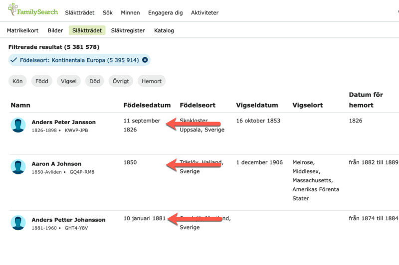 Sökresultat som visar databladsvy där all information lätt jämförs från rad till rad.