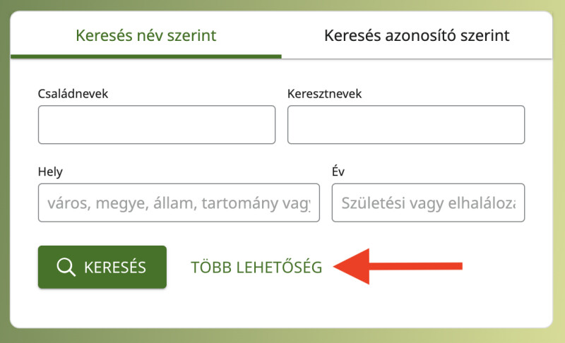 Keresőablak képernyőképe a FamilySearch.org Családfakeresőjén.