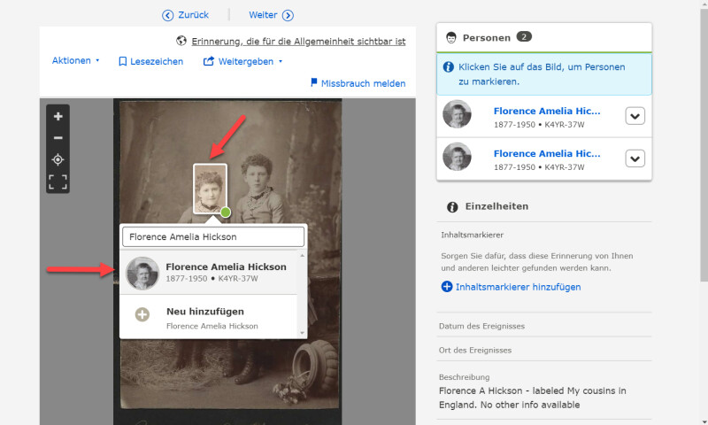 Screenshot, auf dem gezeigt wird, wie man bei FamilySearch im Bereich „Erinnerungen“ einem Foto Markierungen und Einzelheiten hinzufügt
