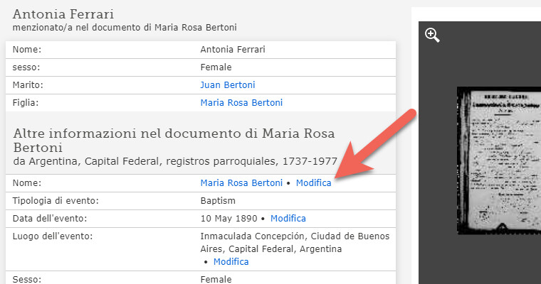 Screenshot del pulsante modifica accanto a un nome indicizzato su un documento di FamilySearch.