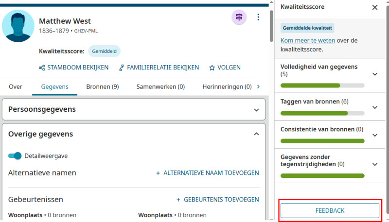Screenshot van een persoonspagina op FamilySearch.org waaruit blijkt dat je feedback kunt geven over de gegevenskwaliteitsscore