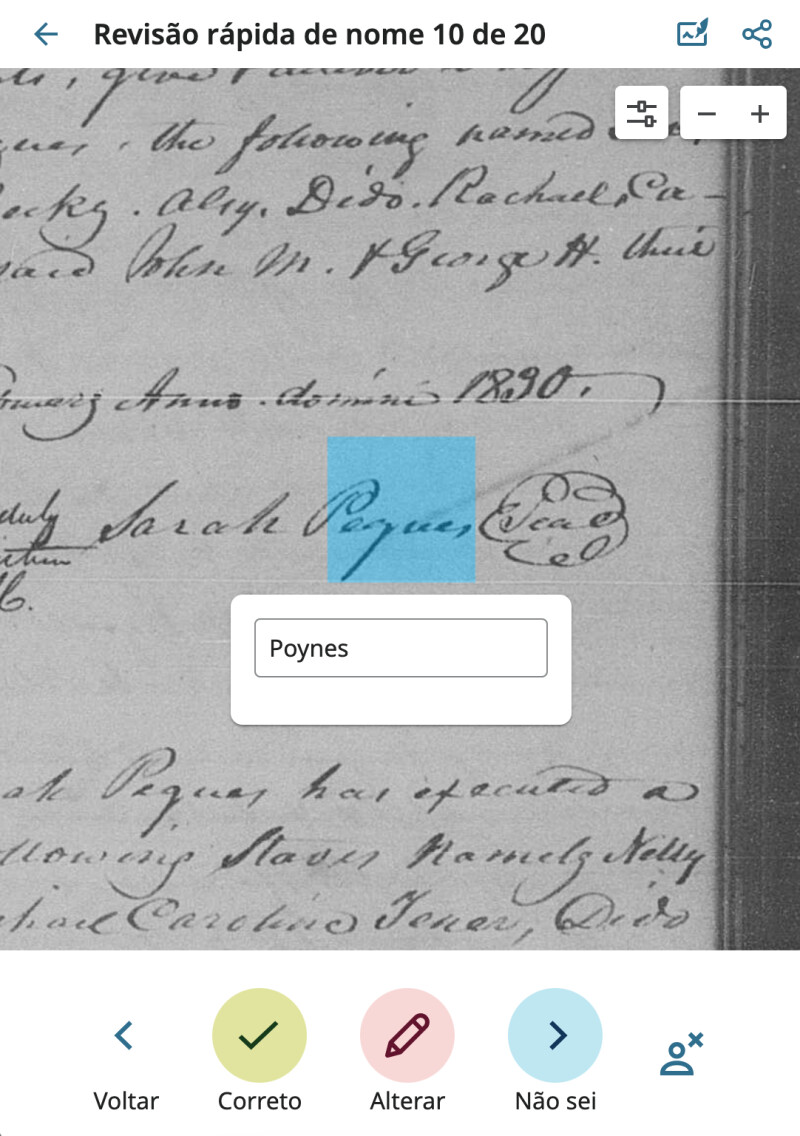 (Imagem ilustrativa de revisão de um nome em um registro histórico usando o aplicativo Participe)