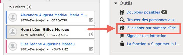 Copie d’écran de la fonction « Fusionner par numéro d’identification » sur la page de la personne.