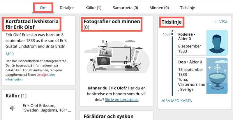 En skärmdump av fliken Om på Erik Olof Erikssons personsida.