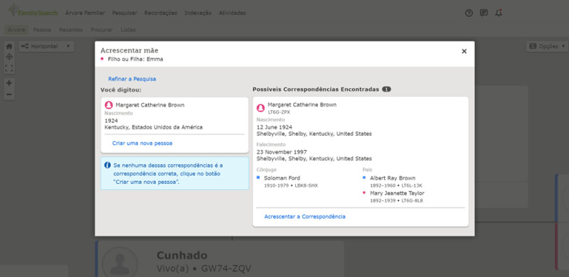 Possíveis correspondências encontradas na Árvore Familiar do FamilySearch.