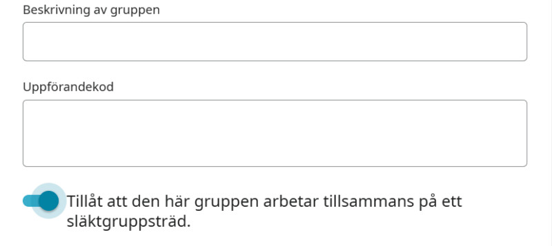 Skärmdump av fönstret Gruppdetaljer för en Släktgrupp i FamilySearch som visar: ”Låt den här gruppen samarbeta i ett släktgruppsträd”.