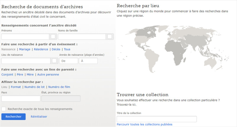 Une capture d'écran de la page de recherche de document, pour retrouver vos ancêtres.