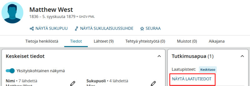 FamilySearchin näyttökuva, jossa näytetään, kuinka tiedon laatupisteitä käytetään.
