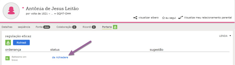 Schermata della pagina Persona di FamilySearch. Come richiedere nomi condivisi da Albero familiare.